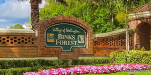 Monument sign of Binks Forest in the Village of Wellington