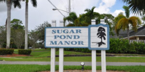 Monument sign of Sugar Pond Manor in Wellington, FL